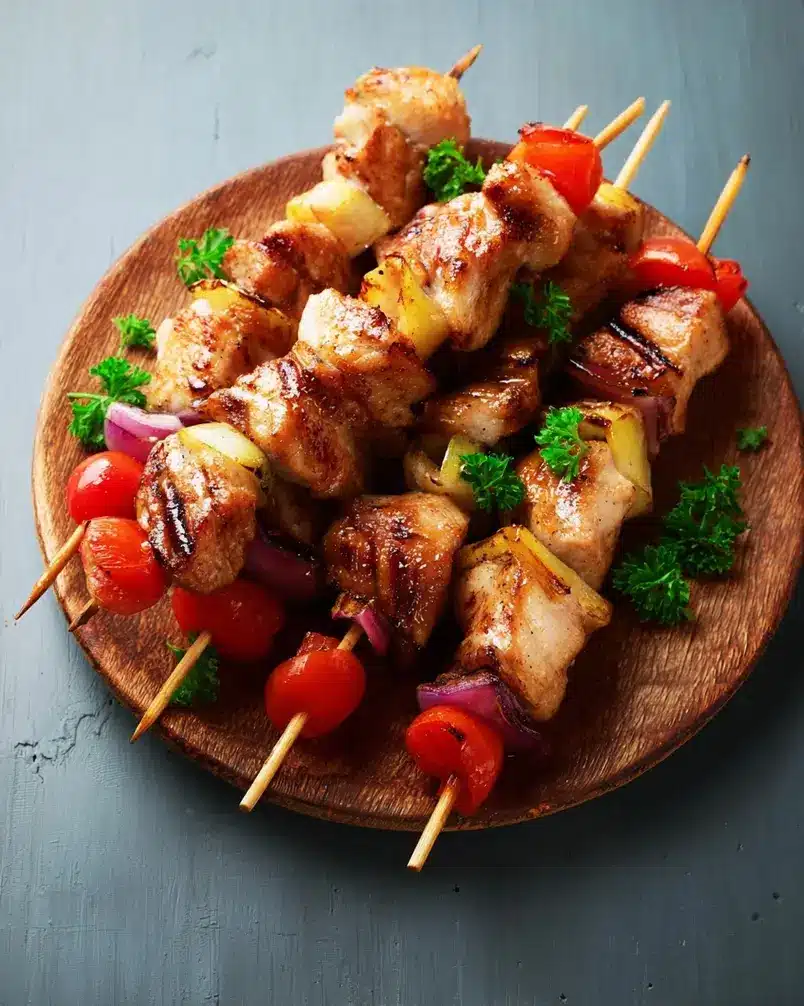 Skewers 3 Skewers being cooked on a hot outdoor grill, showcasing the sizzle and color