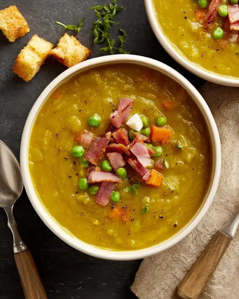 Split Pea Soup 3 Split pea soup simmering in a dutch oven on the stovetop.