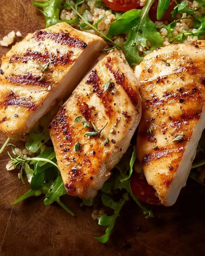 Chicken Breast 2 Recipe preparation of fresh chicken breasts on a cutting board with herbs and spices.