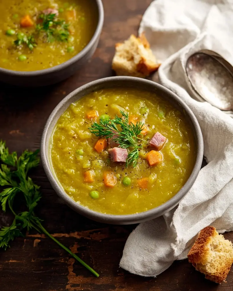 Split Pea Soup 2 Ingredients for homemade split pea soup displayed on a wooden countertop.