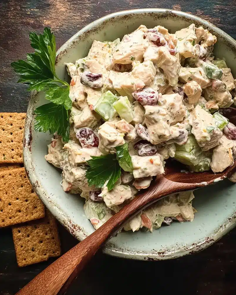 Classic Chicken Salad 2 Recipe preparation image: A bowl with cooked chicken being mixed with other ingredients like celery, mayonnaise, and spices.
