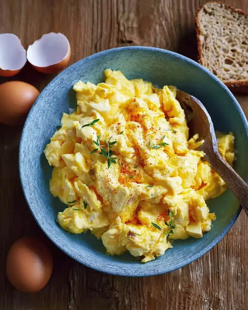 Fluffy Scrambled Eggs 3 Fluffy scrambled eggs in a pan on stove top