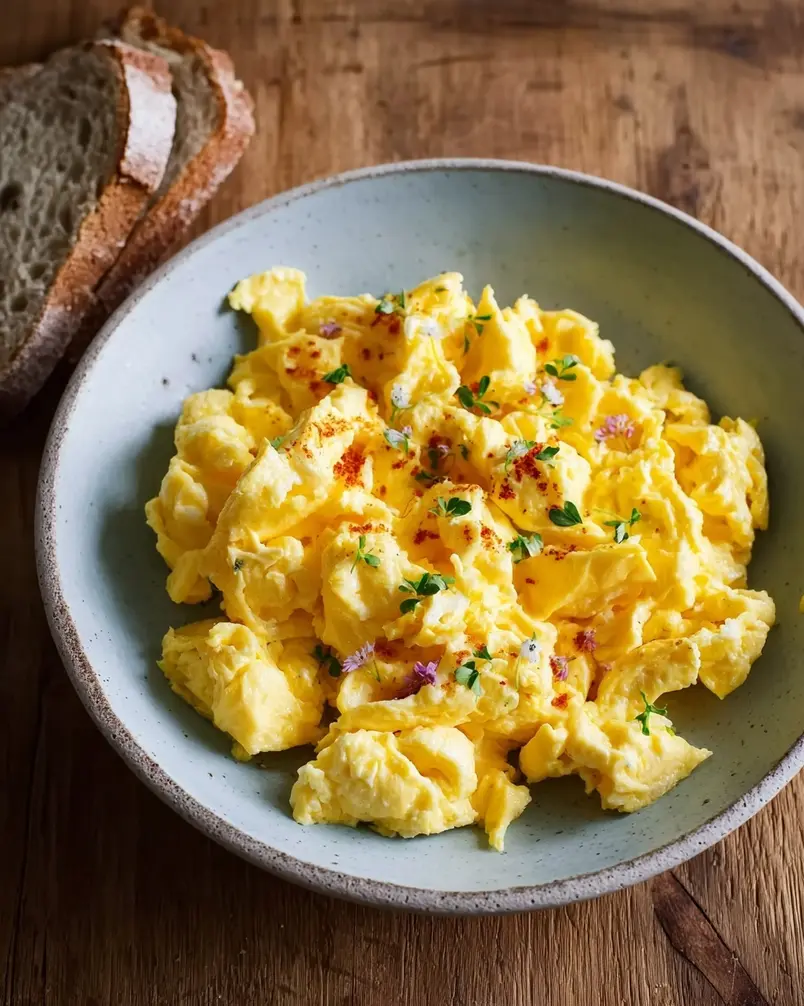 Fluffy Scrambled Eggs 2 Raw eggs being scrambled with fork in bowl