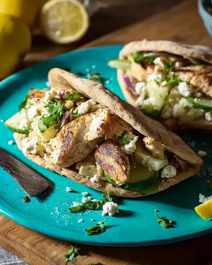 Mediterranean Chicken Pitas 3 Cooking process image: shows chicken and veggies on a skillet being cooked