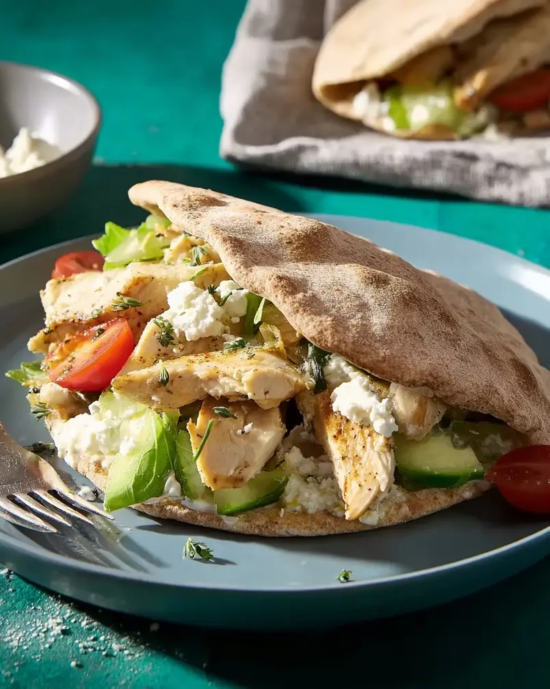 Mediterranean Chicken Pitas 2 Recipe preparation image: all of the ingredients for Mediterranean Chicken Pitas are measured an neatly sitting on a counter
